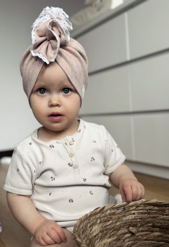 Wyjątkowy turban falbanka pastel róż +haft